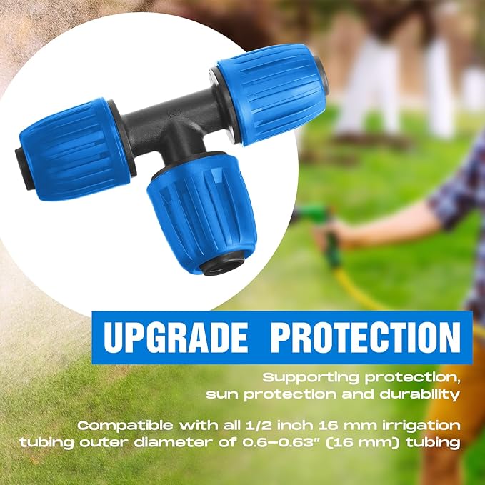 32 Pcs 1/2" Tubing Irrigation Fittings Kit 1/2" ID x 0.6-0.63" OD 16 mm Drip Irrigation Barbed Connectors 4 Switch Valves, 8 Tees, 8 Couplings, 4 Elbows, 4 Ends, 4 Adapters (Blue)