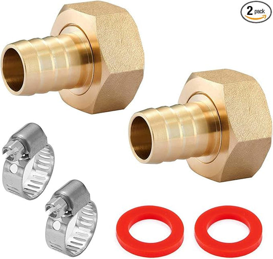 2PCS Premium Brass Water Hose Pipe Swivel Connector,5/8" Barb x 3/4 inch Female GHT Adapter,Copper Fitting with Stainless Clamp for House/Boat/Lawn/Power Wash/Irrigation