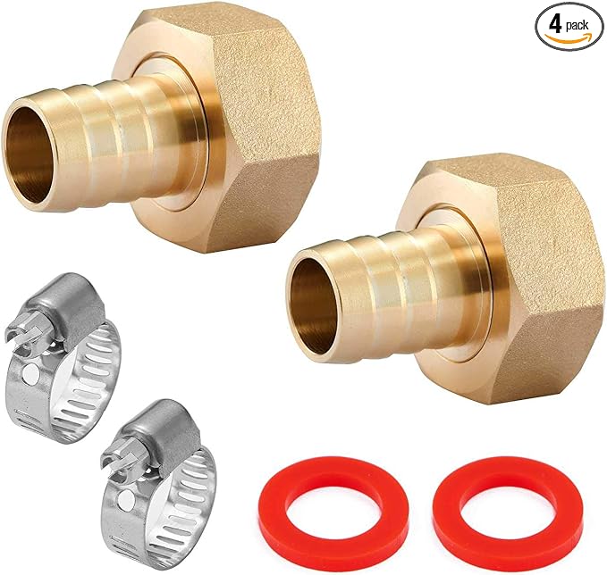 4PCS Premium Brass Water Hose Pipe Swivel Connector,5/8" Barb x 3/4 inch Female GHT Adapter,Copper Fitting with Stainless Clamp for House/Boat/Lawn/Power Wash/Irrigation