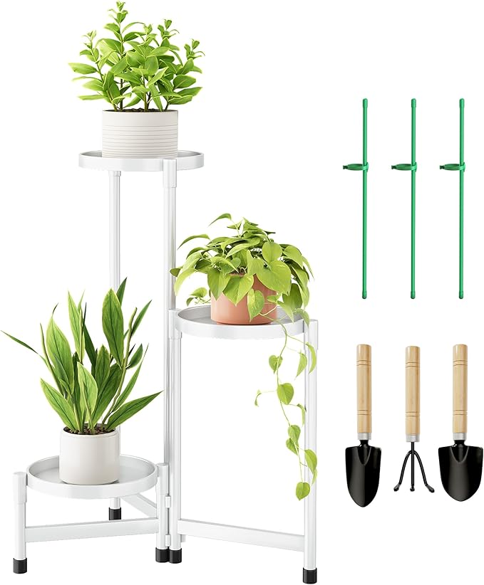 3 Tier Metal Plant Stand Indoor, Rotatable Corner Plant Shelf Outdoor, Tiered Flower Pot Display Stand, Multiple Plants Holder for Patio Living Room Balcony Garden Home Decor - White