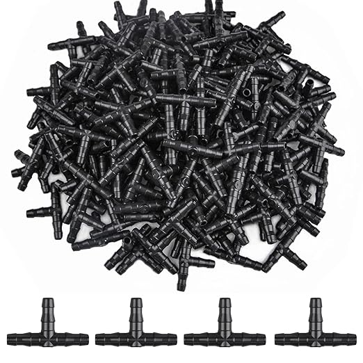 Kalolary 500Pcs Barbed Tee Irrigation Fittings, 1/4 Inch Tube Universal Drip Irrigation Connector Compatible with Watering Systems, 4/7mm Hose Automatic Irrigation Adapter