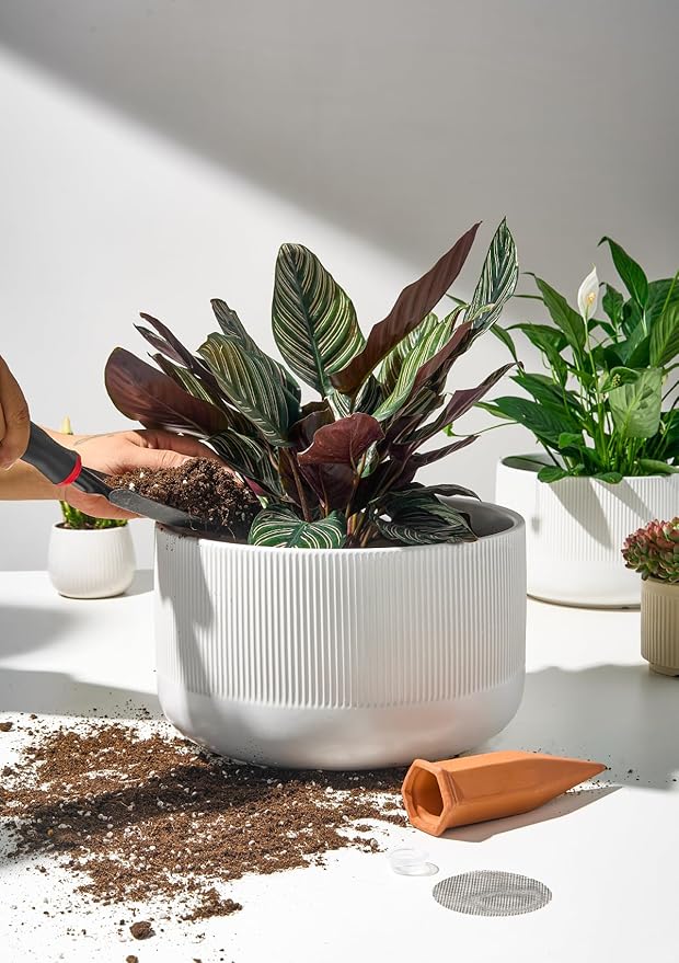 Ceramic Plant Pots, 10+12 Inch Large Planters for Indoor Plants, Modern Flower Pots with Watering Devices, Stylish and Functional,Set of 2, White