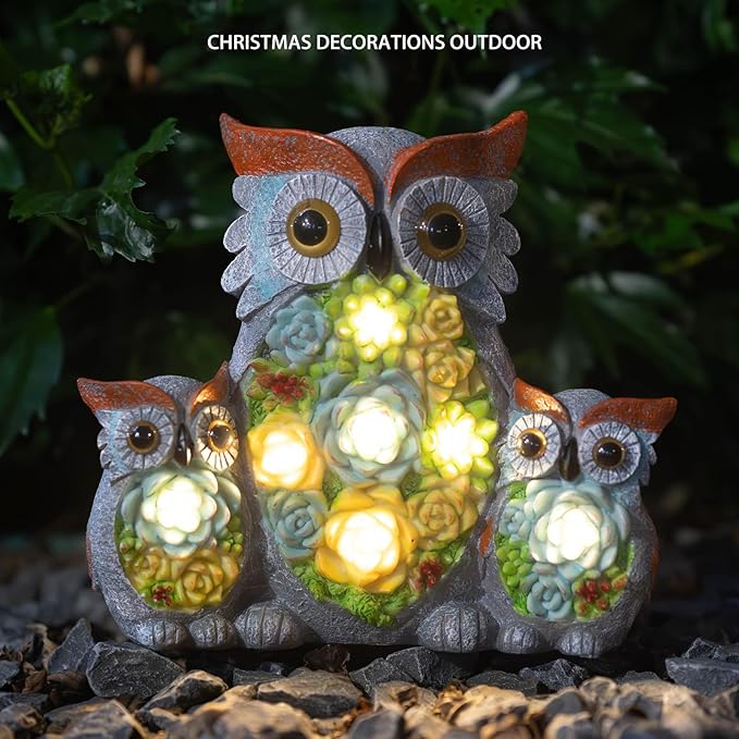 Solar Garden Statue Lights Owl Figurine with LED Lights, Outdoor Garden Succulent Ornaments Waterproof Decoration for Outside Patio Yard Lawn Decor