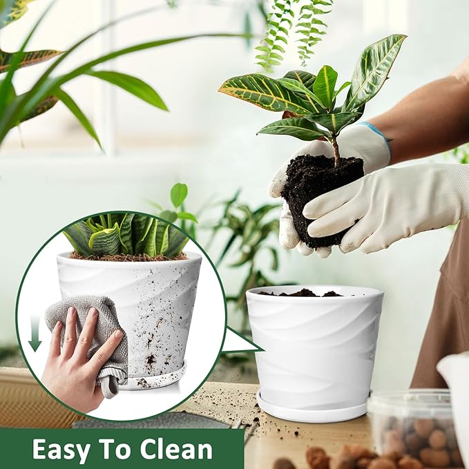 6.7 + 5.5 Inch Plant Pot, Ceramic Planter with Drainage and Saucer，Ceramic Pots for Plants, Indoor Plant pots，Succulent Orchid Flower Pot(Pure White)