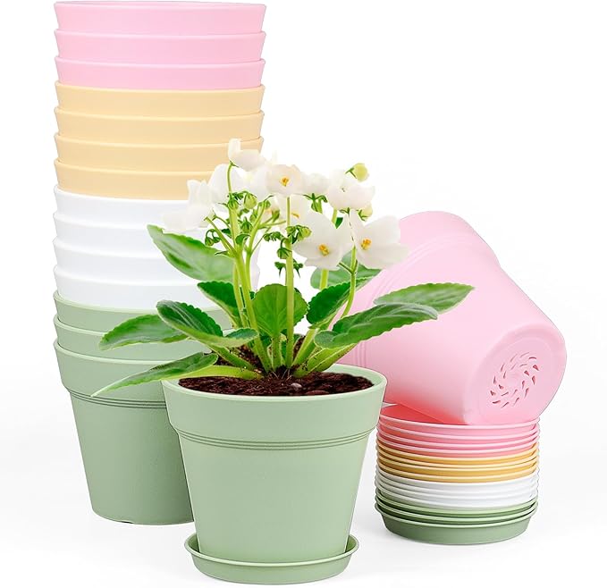 4 inch Small Plastic Nursery Pots, Seedling Pots, 16 Pack Plant Pots for Indoor Outdoor Plants, Flower Pots with Drainage Holes and Saucers, Decorative Planters for House Plants, Colorful