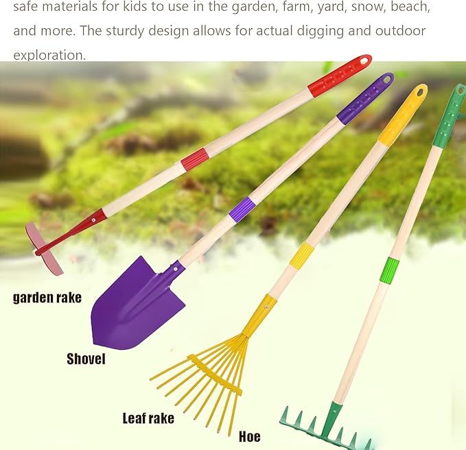 Kids Gardening Tool Set - 4 Piece Garden Tool Set for Parent-Child Outdoor Activities, Children's Fun, Gardening Hand Tools, Shovels, Rakes, Hoes，Best Gift for Boys Girls