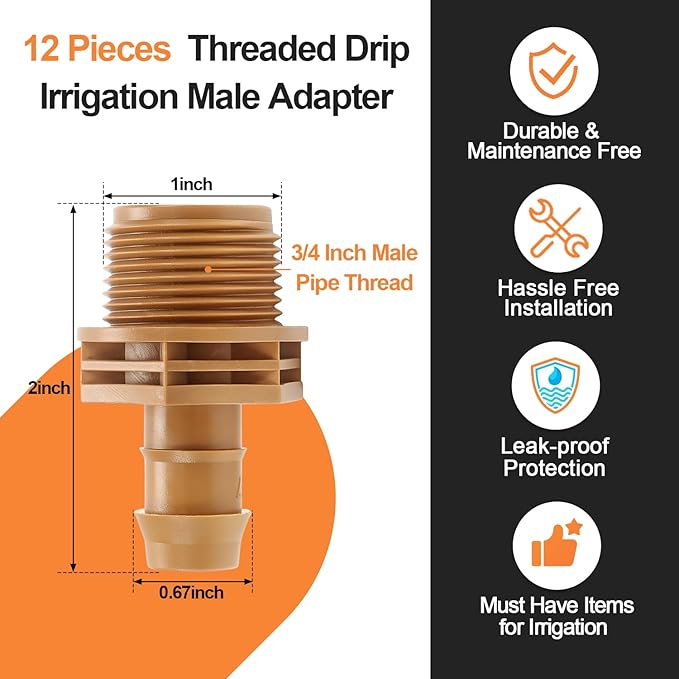 12 Pieces 3/4 Inch PVC to 1/2 Inch Drip Irrigation Adapter Fittings, 3/4" Male Pipe Thread(MPT) x 1/2" Drip Line Barbed Coupling Connectors 3/4-in PVC to 1/2-in Poly Tubing Adapter