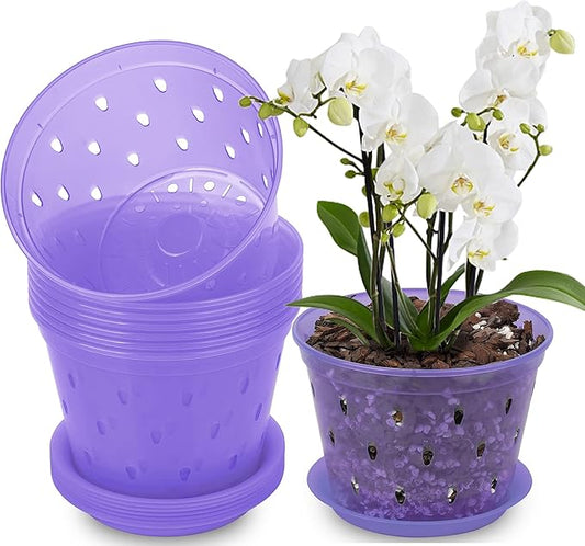 Orchid Pot, 6.7 Inch 8 Pack Orchid Pots with Holes and Saucers,Plastic Orchid Planter - Purple Amethyst