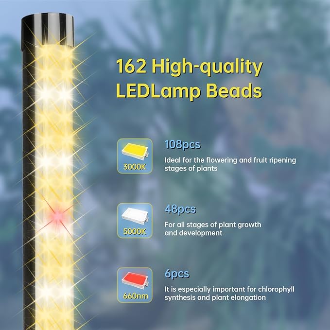 Grow Lights for Indoor Plants,32W 10 Adjustable Spectral Levels,162 LEDs Detachable Full Spectrum Plant Lights,9.8" liftable Tripod Floor Stand Plant Growing Lamp with 3/6/12H Time