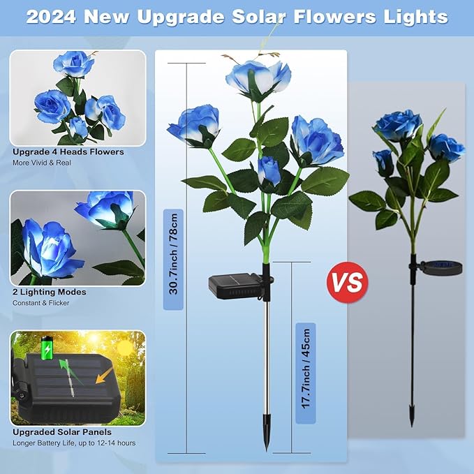 Solar Garden Lights Outdoor, 4 Pack Solar Flower Lights Outdoor Waterproof with 16 Rose, 2 Modes Realistic Rose Flower for Yard, Pathway, Garden Decor & Gardening Gift