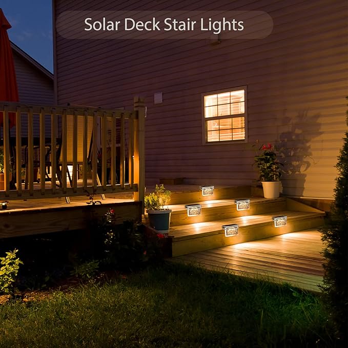 Solar Deck Lights 8 Pack, Solar Step Lights IP65 Waterproof Solar Powered Outdoor Led Lights for Fence Railing Wall Pool Stair Yard Garden Patio Pool Decorations (Warm White)