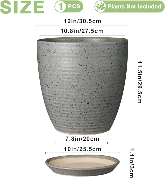 12 Inch Plant Pot, Ceramic Planter Pot with Drainage Hole and Saucer Round Large Flower Pot for Indoor Plants, Light Gray