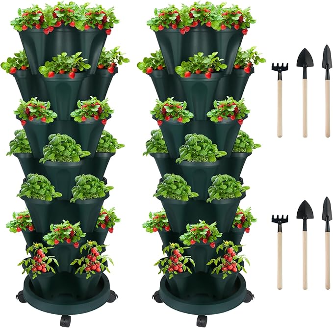 Vertical Planter 7 Tier Stackable Planters Garden Planters Strawberry Herb Flower and Vegetable Planter Indoor Outdoor Gardening Pots with Removable Wheels and Tools 2-Pack