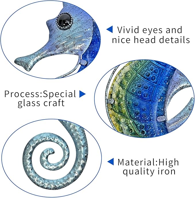 LIFFY Large Metal and Glass Seahorse Wall Decor, Sea Life Decor, Metal Fish Wall Decor, Ocean Beach Theme Wall Art for Bathroom Home Pool Gift Idea