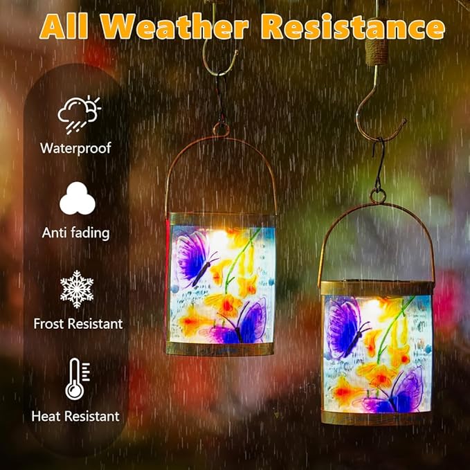 2 Pack Purple Butterfly Hanging Solar Lights for Outside Waterproof Glass Solar Lantern for Tabletop Garden Patio Decor