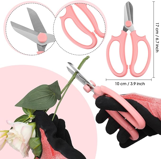 WILLBOND 11 Pcs Rose Thorn Remover Valentine Leaf Stripping Tool Garden Pruning Shear Scissors Kit Thorn Remover for Roses Floral Gloves and Floral Tape for Outdoor Gardening Flower(Pink, Green)