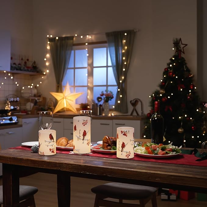 Cardinal Flameless Candles, 3 Pack LED Flickering Pillar Candles with Red Bird Decals, Real Wax Cardinal Home Decor for Halloween Christmas Decor(D3” x H4”5”6”)