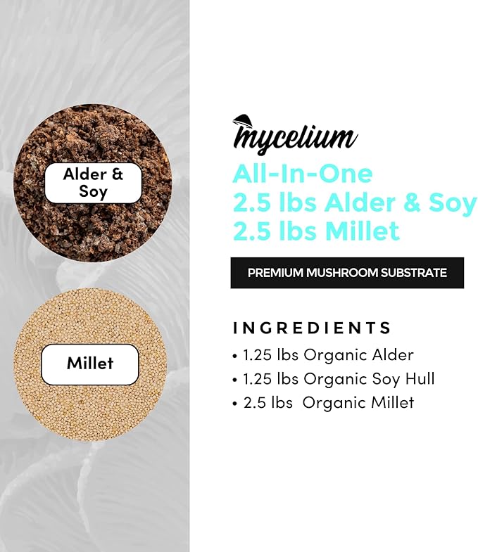 Mycelium Gourmet Mushroom All-in-One Bag - Premium Organic 5LB Blend Alder & Soy Hull Substrate with Sterilized Millet Grain - Perfect for Variety of Wood-Loving Mushrooms - Home Growing Made Easy