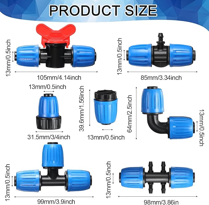 40 Pcs 1/2" Tubing Irrigation Fittings Kit 1/2 ID x 0.6-0.63 OD 16 mm Drip Irrigation Barbed Connectors Include 6 Switch Valves 18 Barbed Tee 8 Ends 4 Adapters 4 Elbows (Black and Blue)