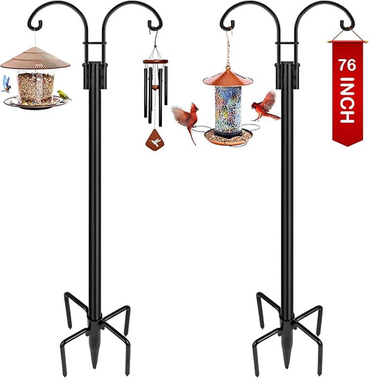 XDW-GIFTS Double Shepherds Hooks for Outdoor, 2-Pack Heavy Duty Garden Pole for Hanging Bird Feeder, Plant Baskets, Solar Light Lanterns, Garden Plant Hanger Stands with 5 Base Prongs