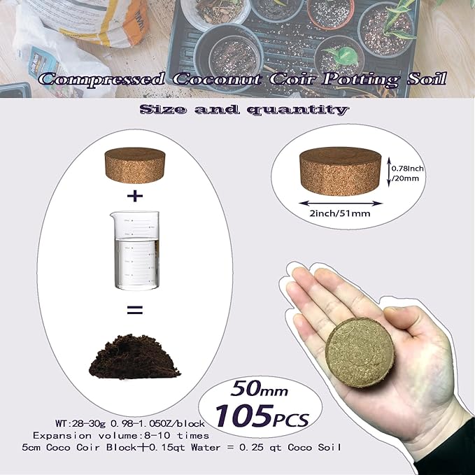 105 Pcs 50mm Compressed Coconut Coir Potting Soil,Coco Coir Pellets for Plants,Coco Fiber Pellets for Planting, Garden, Bonsai, Vegetables & Flower