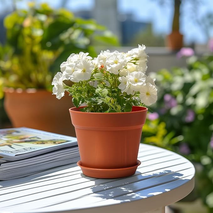 T4U 7.5 Inch Plant Pots 12-Pack - Small Plastic Planter with Drainage Hole and Saucer, Decorative Nursery Pot Bulk for African Violet, Succulent and All House Plants Indoor (Terracotta)