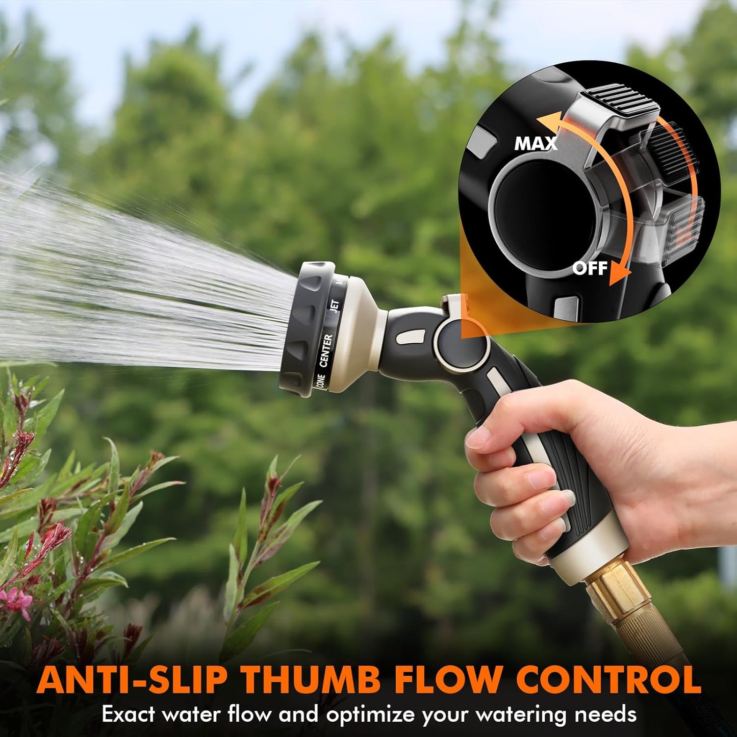 RESTMO Hose Nozzle Heavy Duty, Metal Water Hose Sprayer for Garden, 9 Spray Patterns | High Pressure | Thumb Flow Control | On/Off Valve, Ideal for Outdoor Lawn & Plant Watering, Car & Pet Washing