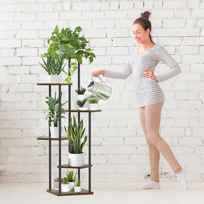 6 Tier Plant Stand Indoor Outdoor, Tall Corner Metal Wood Tiered Planter Stands Holder, Large Multiple Flower Pot Shelf Display Rack for Patio Office Porch Living Room Bedroom Balcony Garden,Oak