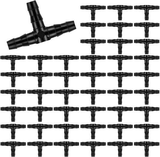 Kalolary 100PCS 1/4" Universal Barbed Tee Fittings, 1/4 Inch Barbed Tee Connectors Drip Irrigation Fittings for 4mm/7mm Water Tube Parts Drip Irrigation Hose Connector Watering System