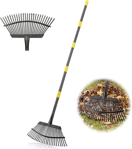 Garden Rake - Large Leaves Rakes for Gardening - 25 Metal Tines 18" Wide - 78" Long Handle Leaf Rakes for Lawns Heavy Duty for Yard Lawn Shrub Garden Beds