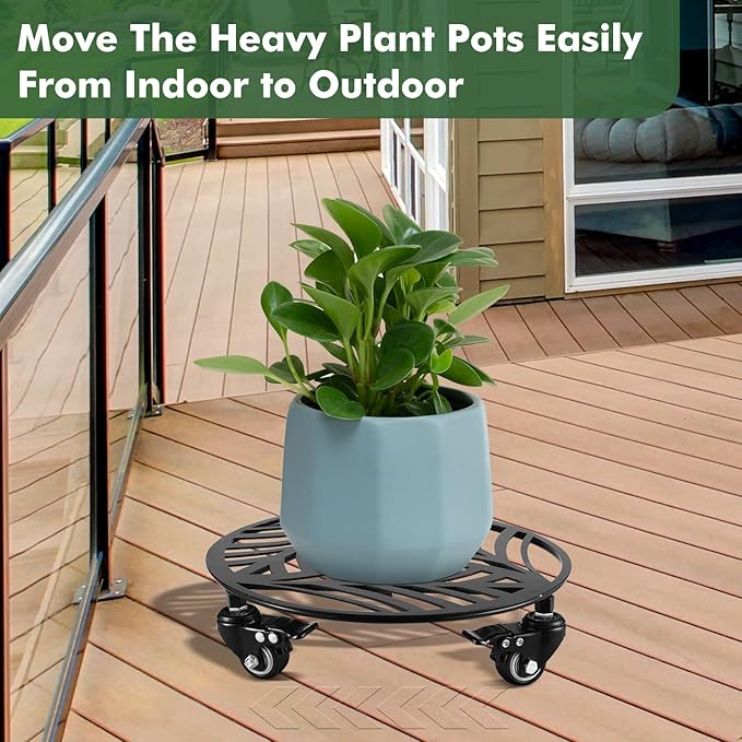 2 Packs Large Metal Plant Caddy with Wheels 14” Heavy-Duty Wrought Iron Rolling Plant Stands with Casters Indoor and Outdoor Plant Pot Roller Base Plant Saucer Movers Black