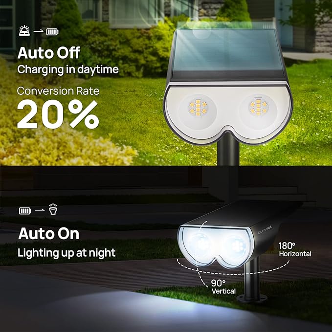Solar Spot Lights Outdoor, Consciot 16 LEDs IP67 Waterproof Solar Outdoor Lights, Auto On/Off Solar Landscape Spotlights, 2-in-1 Adjustable Wall Lights for Garden Yard Pathway, 6 Pack (Cool White)