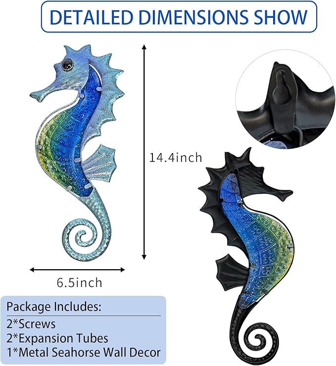 LIFFY Large Metal and Glass Seahorse Wall Decor, Sea Life Decor, Metal Fish Wall Decor, Ocean Beach Theme Wall Art for Bathroom Home Pool Gift Idea