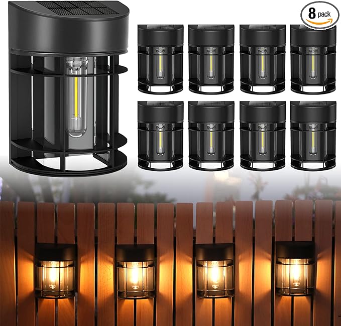 Solar Fence Lights Outdoor, 8 Pack Waterproof Solar Lights Outdoor, Outdoor Solar Light Fence Light for Garden Fence Post Step Stair Backyard