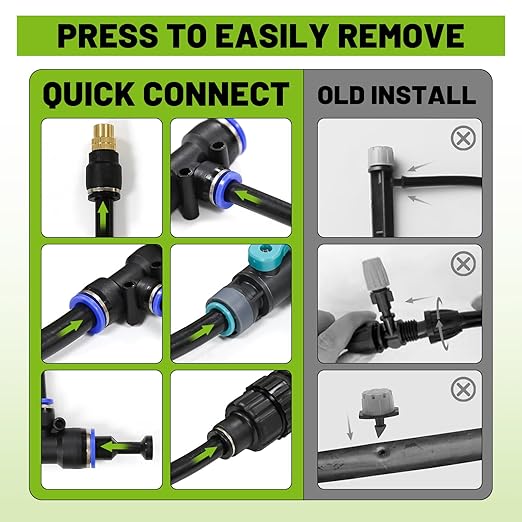 Garden Drip Irrigation Kit, 100ft Black Hose, 360° Adjustable Universal Nozzle, Patio Mist Plant Watering Sprinkler, Comes with Faucet Separator, Sprinkler Hose Adapter (Closeable nozzle-20)