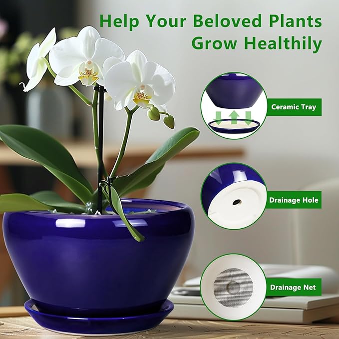 Ceramic Planter Pot 11 Inch - Indoor Planter Pot for Plants with Drainage Hole and Saucer Large Planter Round Outdoor Flower Pot Mid-Century for House Patio Decor Blue