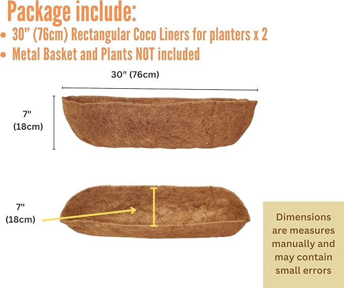 Maxona 30 inch 2 Pack Trough Rectangular Coco Liner for Window Box Planter: Thick Coconut Coir to Support The Soil Replacement for Wall Hanging Basket, Rectangle Pre-Formed Fiber Husk, Garden Fence