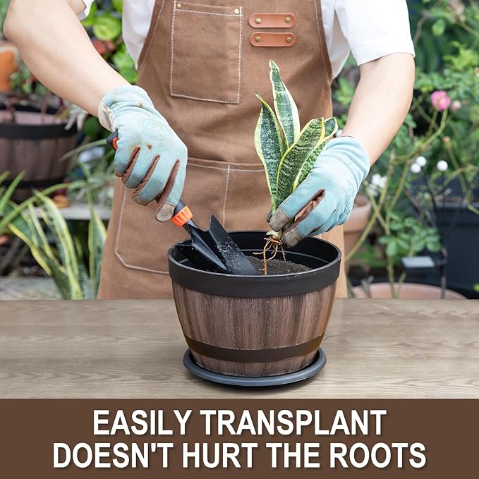 8 Pack Plant Pots with Drainage Holes, Include 4 Each of 12/9 inches Flower Pots with Saucers, Plastic Imitation Wine Barrel Design for Indoor Outdoor Garden Home Plants