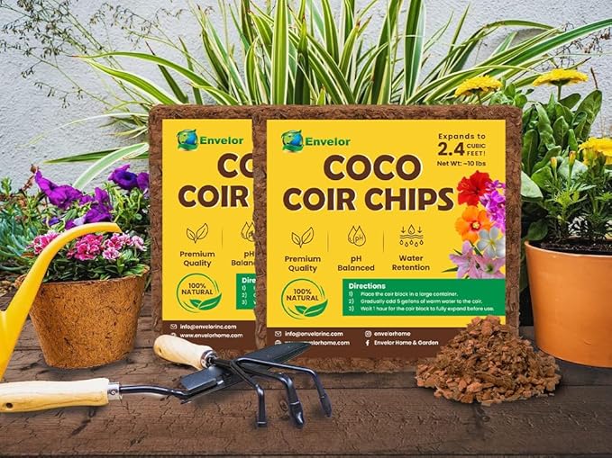 Coco Coir Chips 2-Pack Envelor 2.4 Cu. Ft. Compressed Coconut Coir Bricks 10 lb. Natural Substrate for Indoor Outdoor Coco Chips for Plants Orchid Bark Coco Coir Brick Plant Soil Indoor Potting Mix