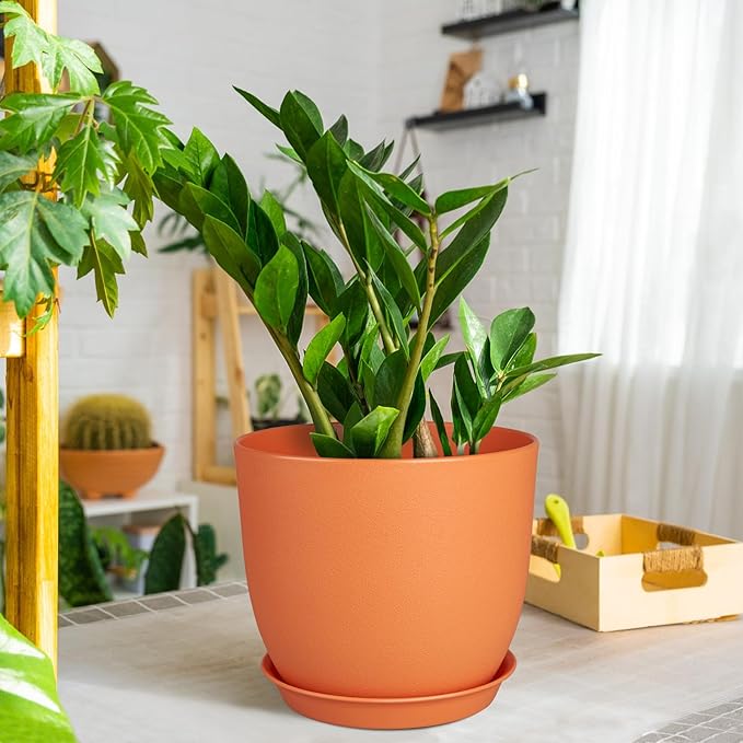 8 inch Plant Pots Set of 4 Pack, Plastic Planters with Drainage Holes and 4 Saucers, Morden Decorative Creation Flower Pots for Indoor & Outdoor Garden House Plants, Orange