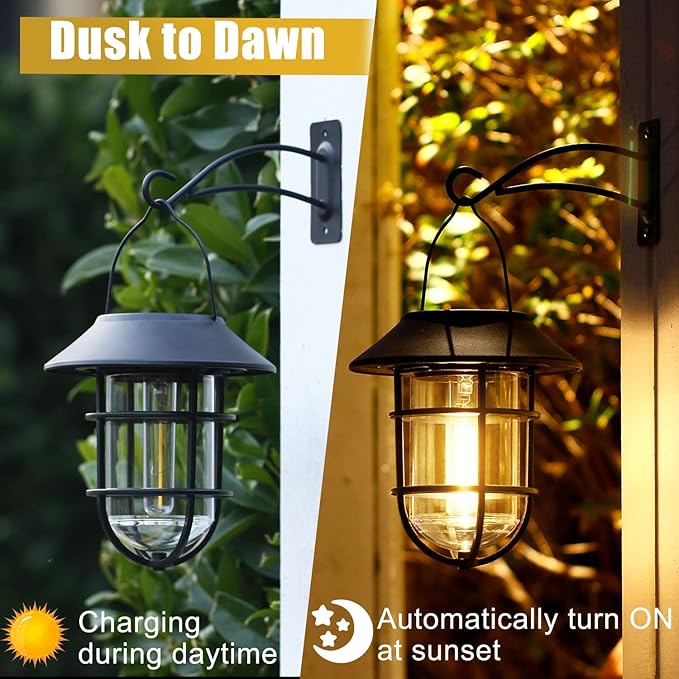 Solar Outdoor Hanging Lights, Waterproof Metal Solar Lanterns with Clear Glass, LED Edison Bulbs Decorative Wall Lanterns with Hooks, No Wiring Required, 2 Pack