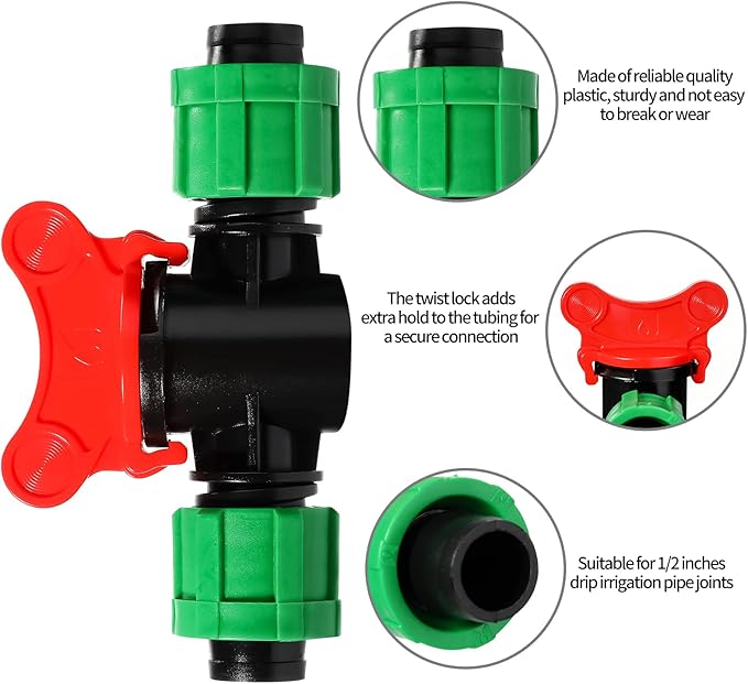 Drip Irrigation Shut off Valve 1/2 Inch Universal Drip Irrigation Tubing Coupling Valve Connector Locking Fitting Compatible with 16 to 17 mm Drip Tape Tubing Sprinkler System (12 Pieces)