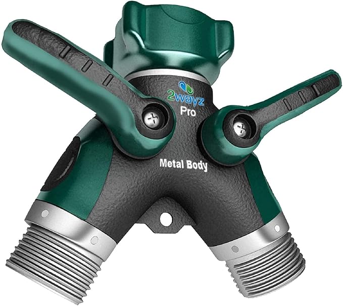 2WAYZ Hose Splitter 2 Way Heavy Duty - Outdoor Faucet and Garden Hose Splitter - Durable Water Spigot Splitter Y Adapter - All-Metal Water Hose Connector with Shut-Off Valve - 4 x 4 x 1.5 Inches