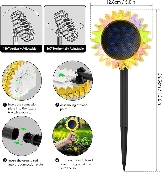 Outdoor Solar Lights, 2 Pack Led Solar Sunflower Lights, Stake/Wall 2-in-1 Waterproof Solar Garden Lights for Yard, Landscape, Fence, Patio, Driveway, Pathway, Backyard Decoration (Colourful)