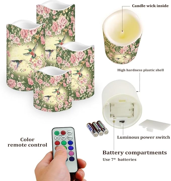 Ystardream Fortune Hummingbird Flameless Candles Battery Powered with Multicolor Timer Remote Control Everlasting Fake Candles for Party Garden Indoor Outdoor Coastal Decors