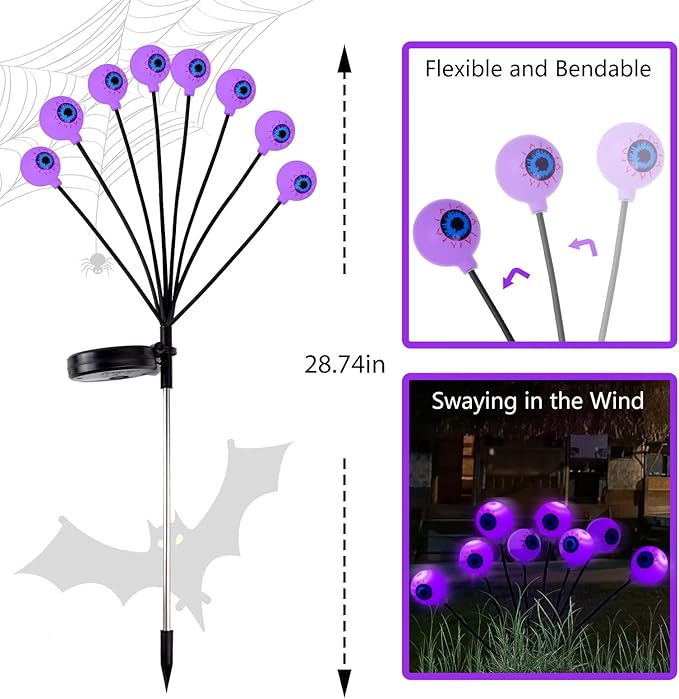 Halloween Decorations Outdoor Lights - 4 Pack 32LED Solar Halloween Scary Eyeball Pathway Lights Swaying by Wind, Waterproof Solar Halloween Stake Lights for Garden Porch Lawn Pathway (Purple)