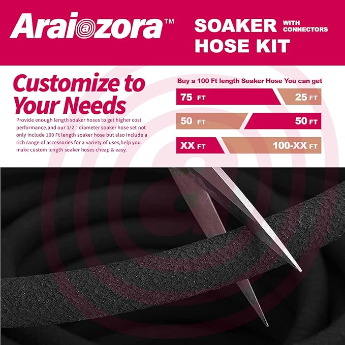 Soaker Hose 100 FT For Garden Beds,Heavy Duty Solid Brass Connector 1/2“ Ruber Drip Irrigation Kit with Hose Stakes&Connector Set for Flower Bed&Yard,Landscaping