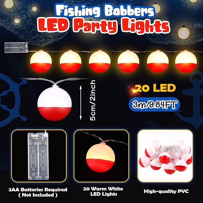 Deekin 3 Pcs LED Fishing Birthday Decorations Bobbers String Lights Battery Powered Ofishally One Theme Decor with Extra Bulbs for Gone Fishing Birthday Party Supplies Pole Party Favors