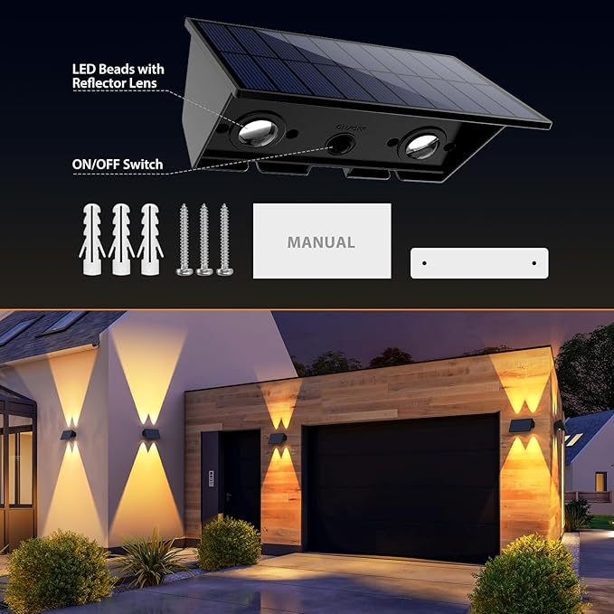 Solar Fence Lights,6Pack Solar Lights Outdoor Warm White + RGB Up & Down Waterproof 100 Lumens Dusk to Dawn for Wall/Backyard/Pool/Railing/Patio/Porch/Step