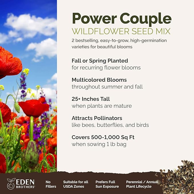 Eden Brothers Power Couple Flower Mixed Seeds for Planting, 1 lb, 480,000+ Seeds with Rocket Larkspur, Bupleurum | Attracts Pollinators, Plant in Spring or Fall, Zones 3, 4, 5, 6, 7, 8, 9, 10